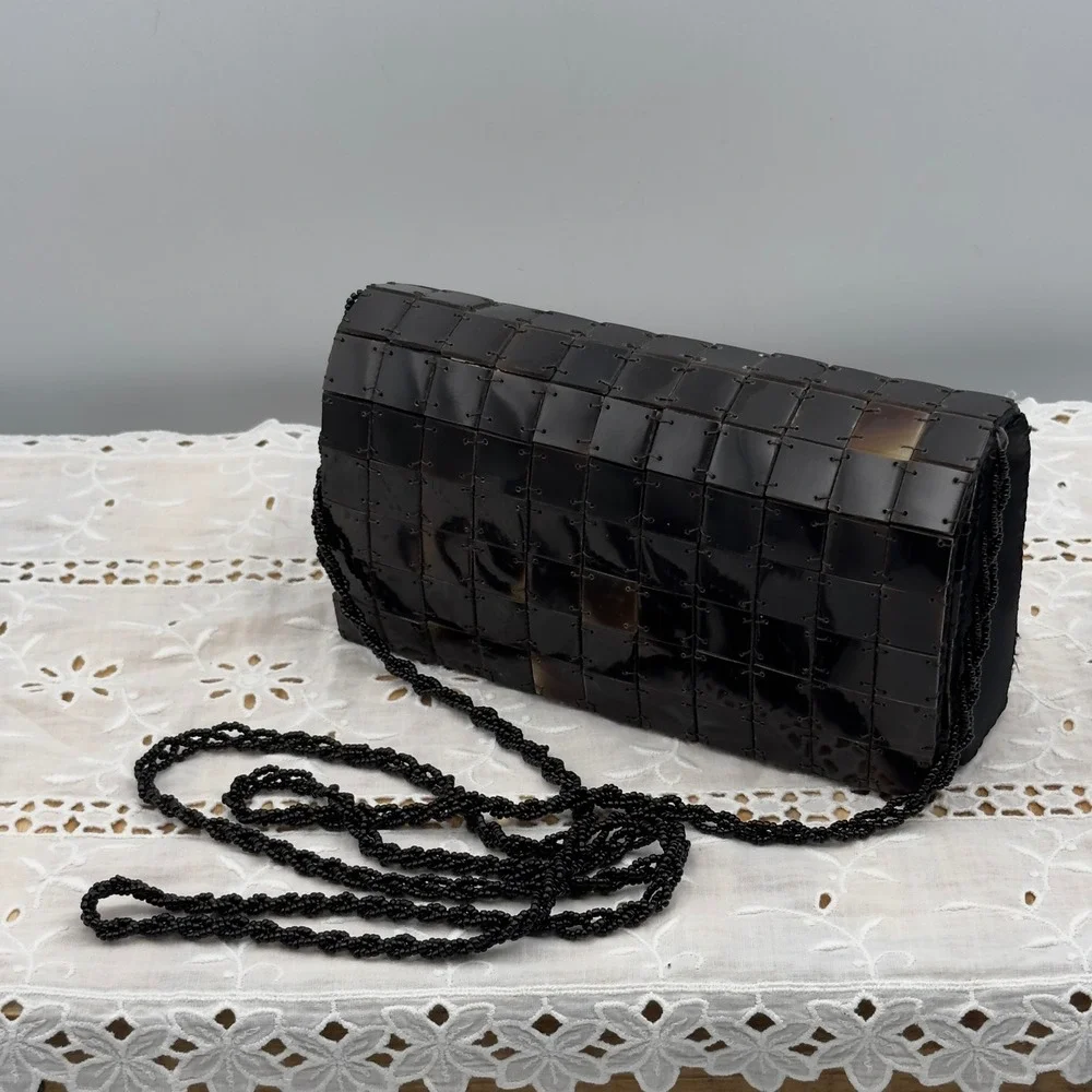 Shira Leah Horn Tile Clutch Black Brown Beaded Strap Y2K Evening Crossbody Bag